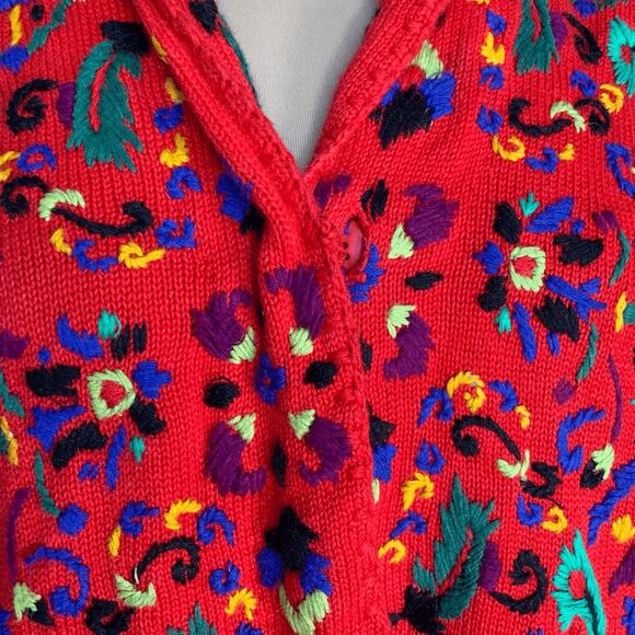 Vintage 90s Michael Simon Embroidered Cherry Red Artsy Knit Cardigan Sweater - Picture 11 of 12